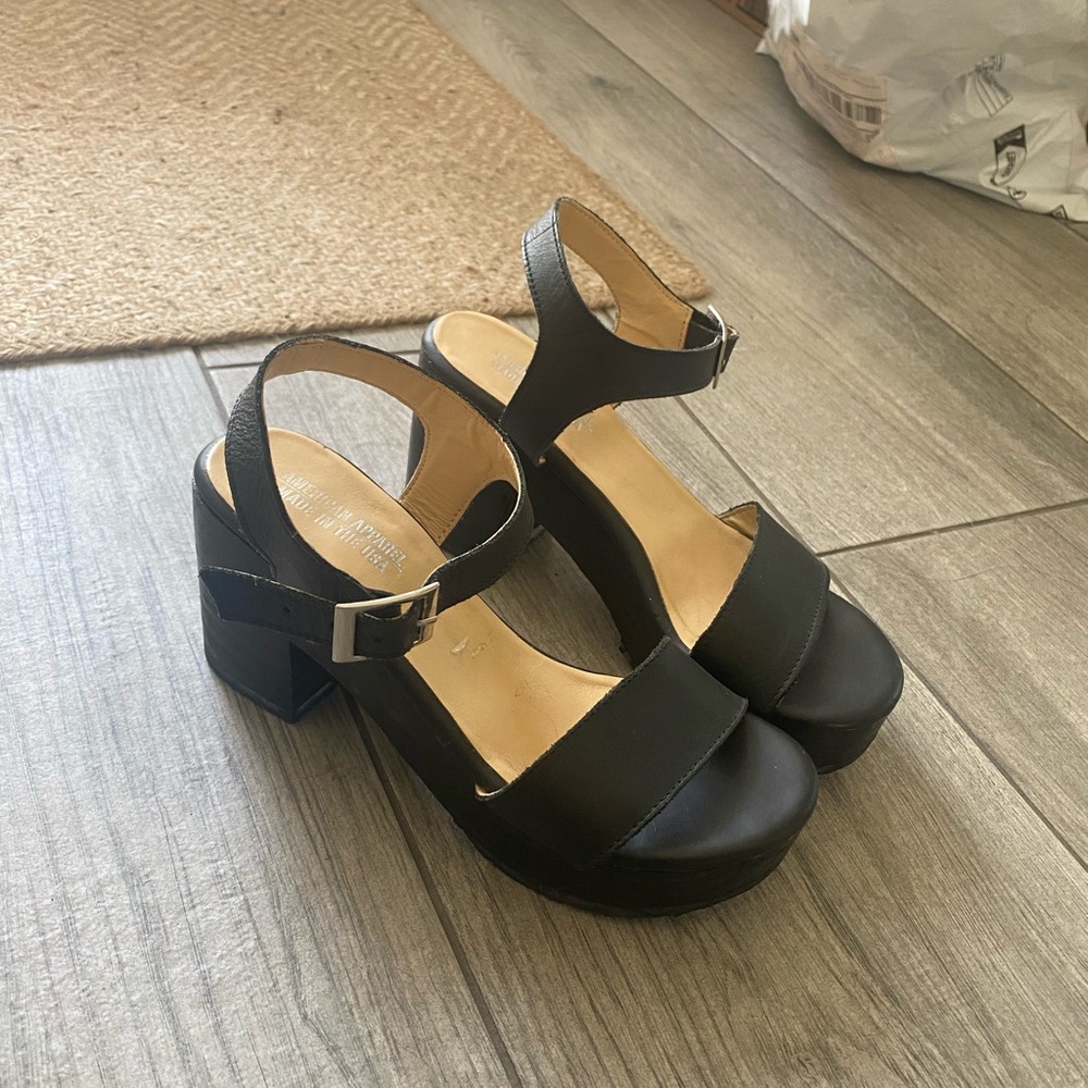 American Apparel black leather wedge chunky sandals